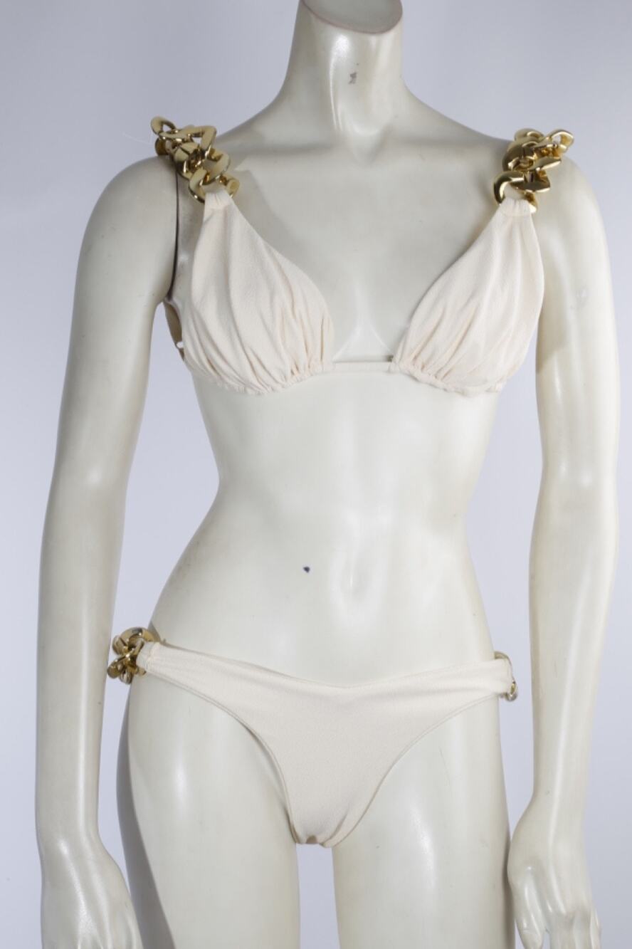 SAME Los Angeles Ivory Ruched Triangle Bikini Set Chunky Gold Chain Hardware S